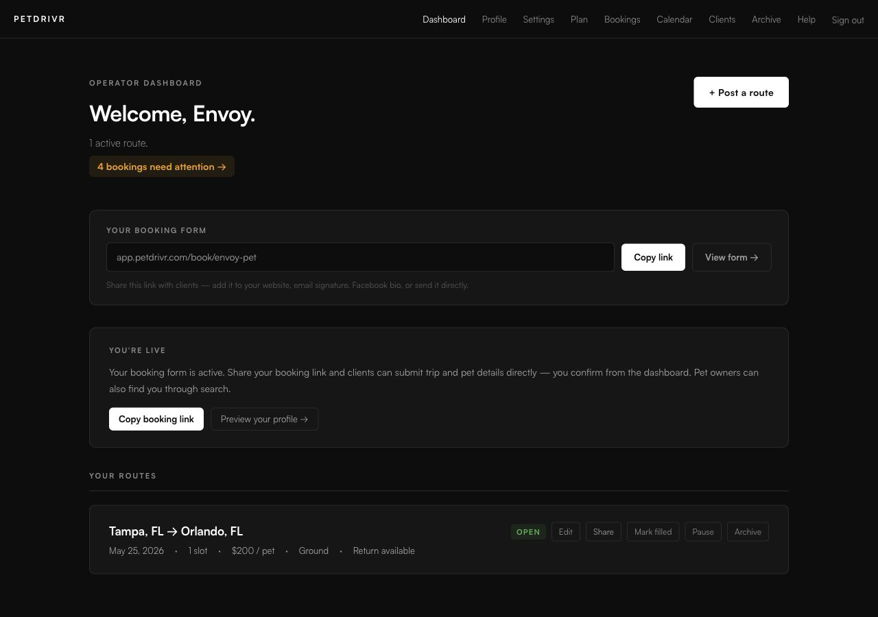 PetDrivr operator dashboard