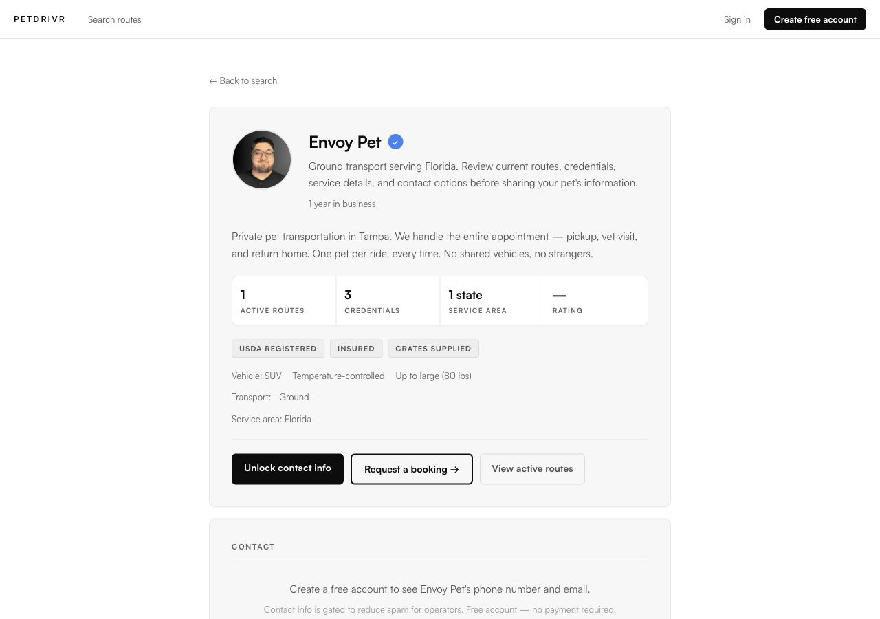 PetDrivr public profile — what your clients see